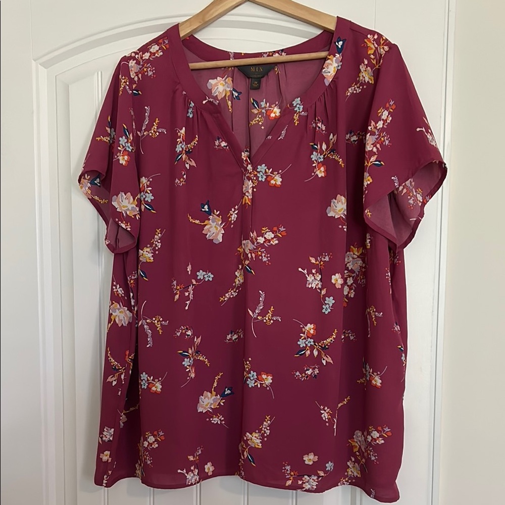 Red Floral Relaxed Short Sleeve Blouse